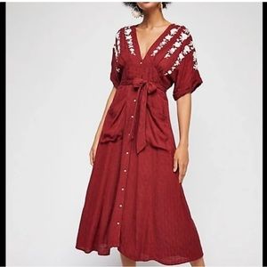 Free People Love To Love You Burgundy Embroidered Boho Midi Dress Size S/P